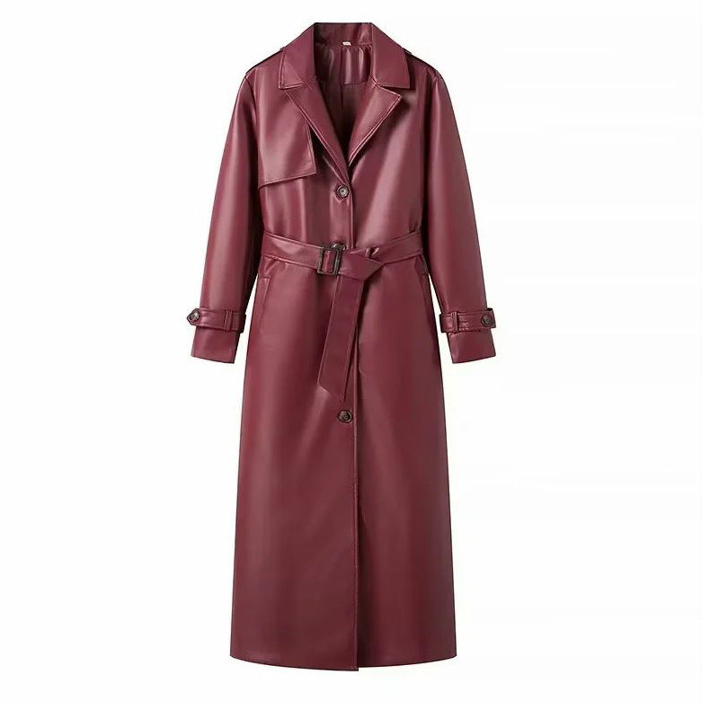 Long Poly Urethane Leather Trench Coat