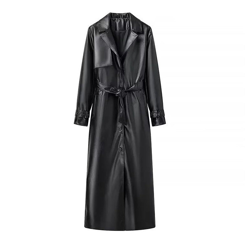 Long Poly Urethane Leather Trench Coat